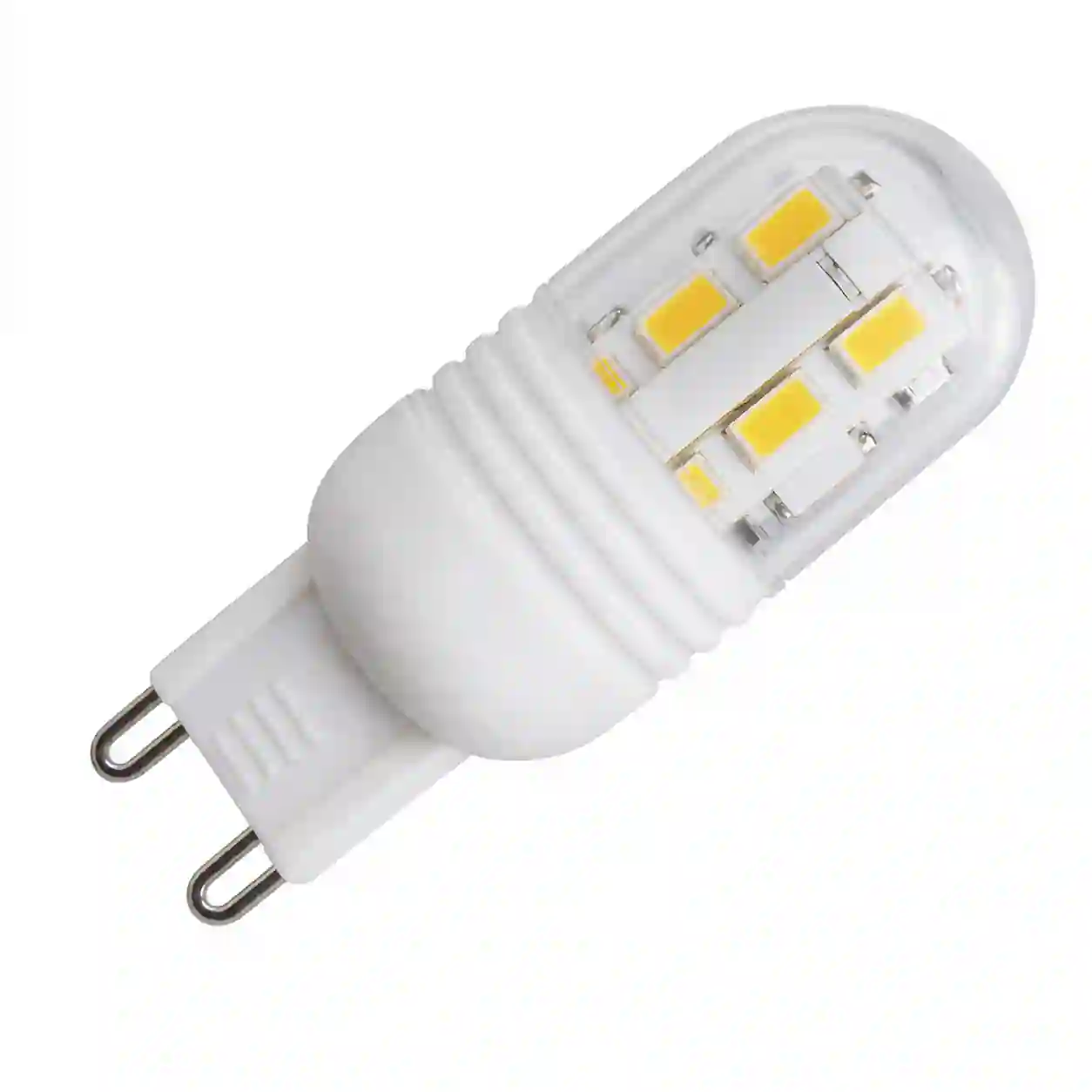 Detail LED čipů uvnitř průhledného těla kapsle G9